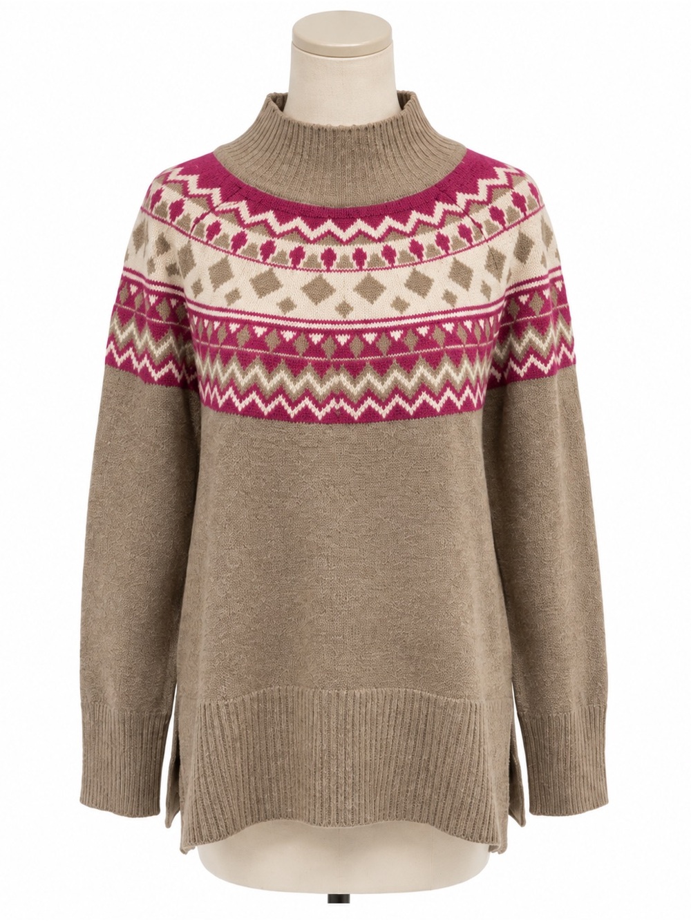 Tahari Fair Isle Mock Neck Sweater Large Taupe Pink Cream Split Hem